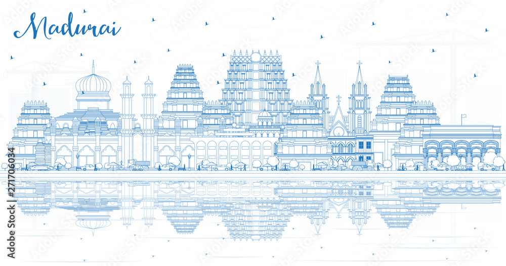 Outline Madurai India City Skyline with Blue Buildings and Reflections.