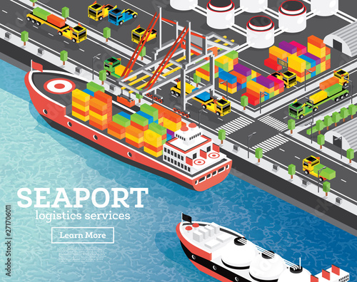 Isometric Sea Port with Container Ship. Gantry Crane Loads Cargo on Ship. Port Infrastructure.