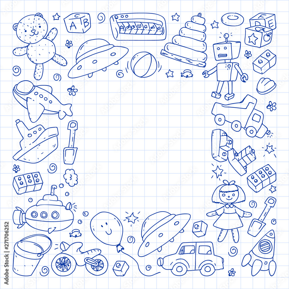 Vector pattern with kindergarten, toy children. Happy children illustration. Drawing a pen on a notebook in a Squared notebook.