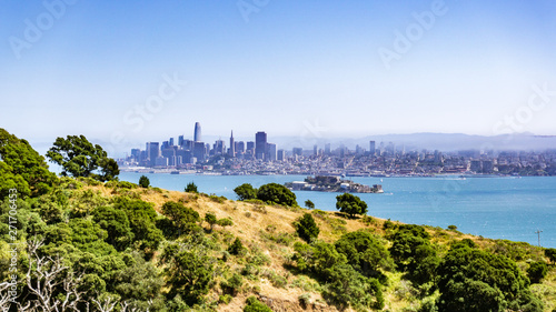 San Francisco skyline and Alcatraz Island on a sunny day, as seen from Angel Island, California