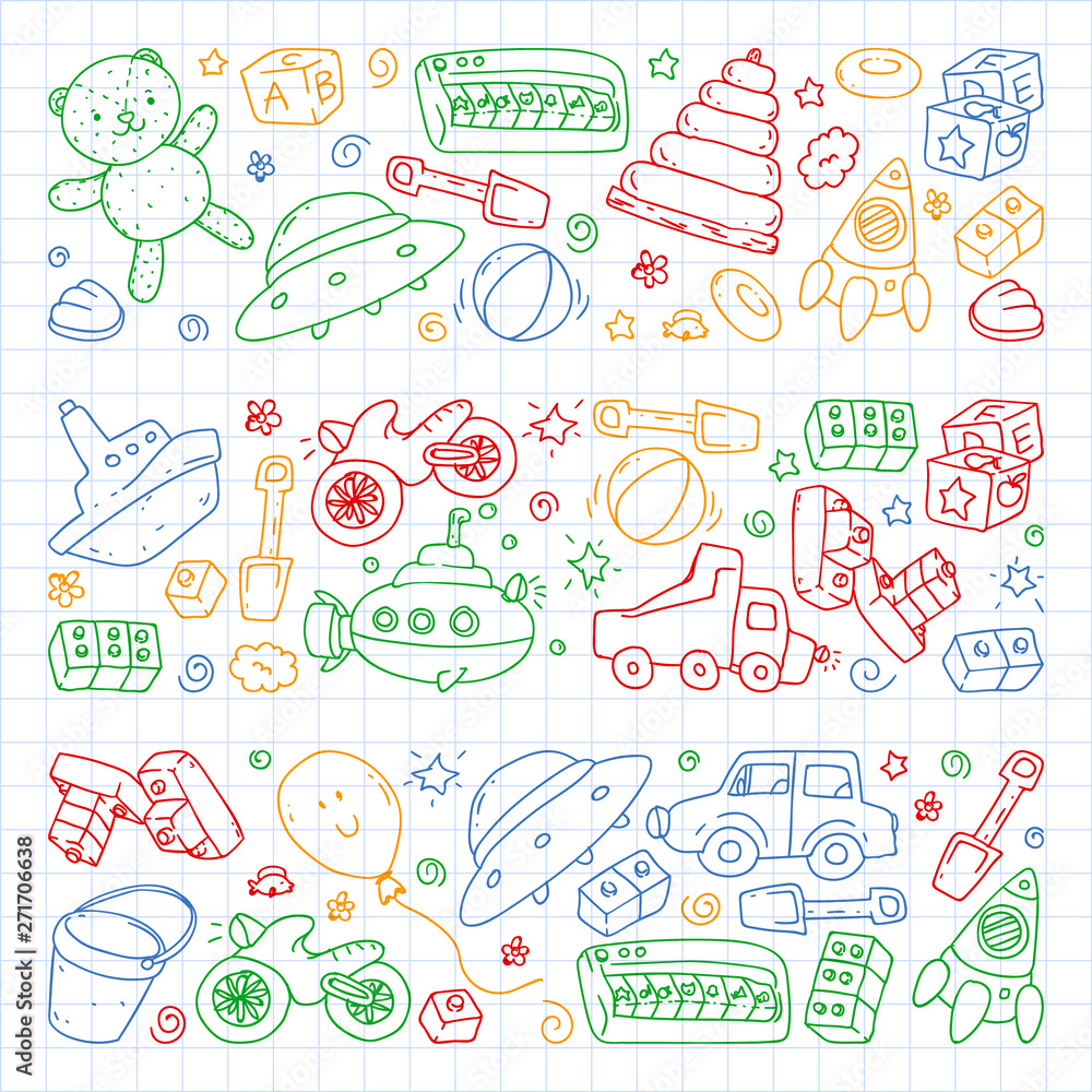 Vector pattern with kindergarten, toy children. Happy children illustration. Drawing on a notebook in a Squared notebook.