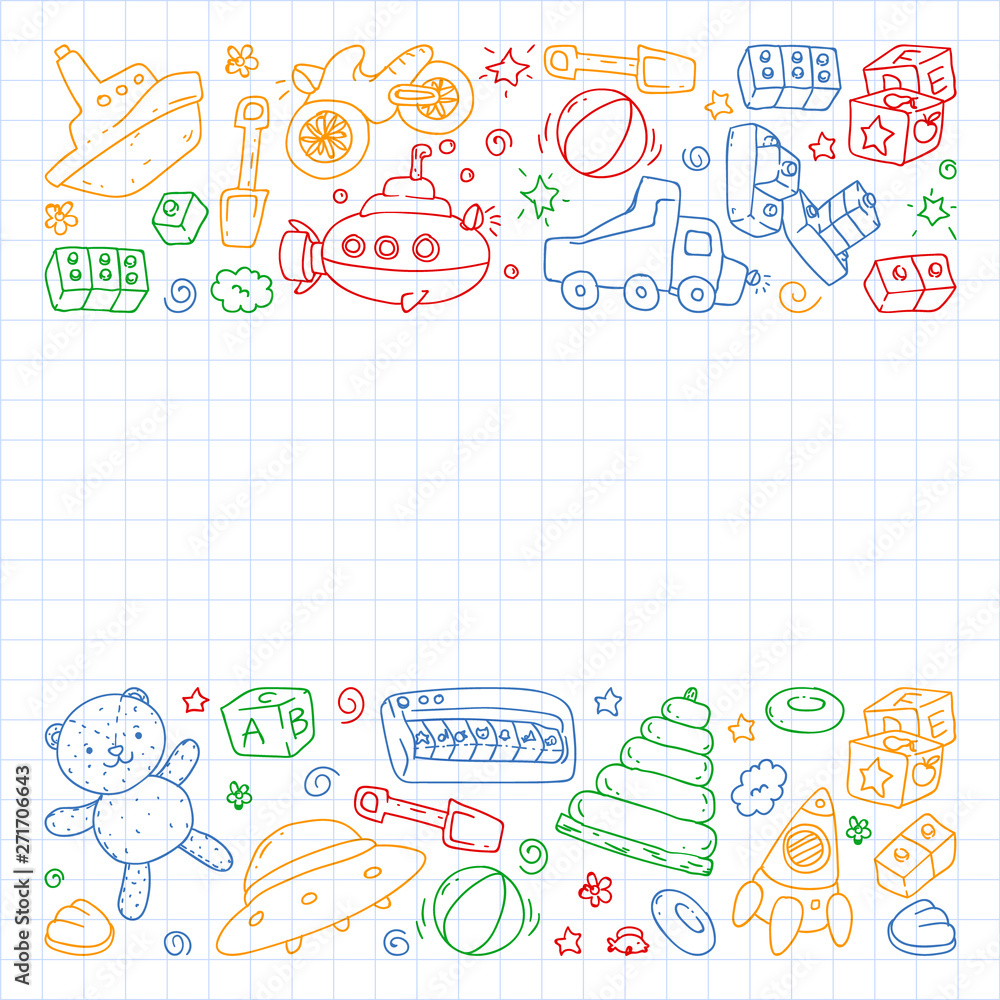Vector pattern with kindergarten, toy children. Happy children illustration. Drawing on a notebook in a Squared notebook.