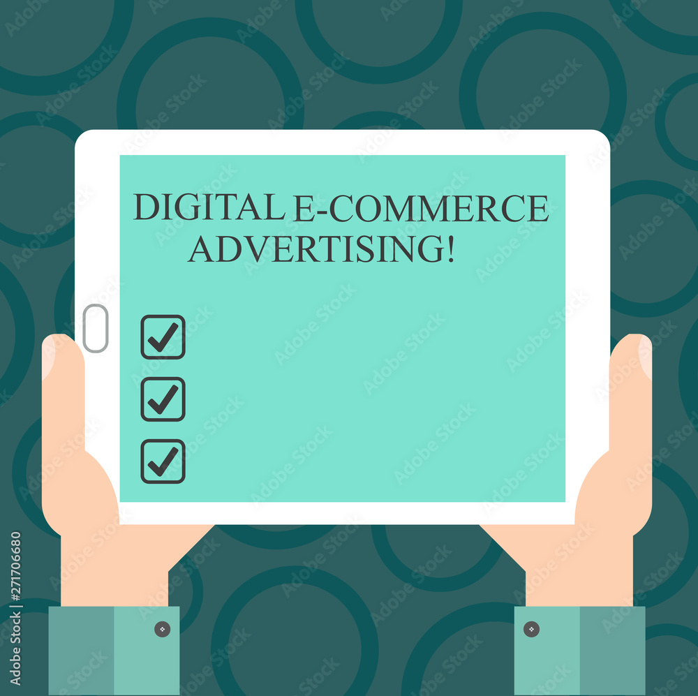 Writing note showing Digital E Commerce Advertising. Business photo showcasing Trading of goods and services using the web Hu analysis Hand Holding Tablet Smartphone Display Unit photo Writing note showing Digital E Commerce Advertising. Business photo showcasing Trading of goods and services using the web Hu analysis Hand Holding Tablet Smartphone Display Unit photo
