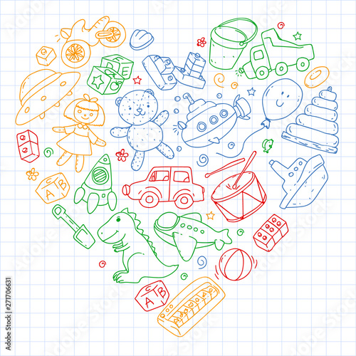 Vector pattern with kindergarten, toy children. Happy children illustration. Drawing on a notebook in a Squared notebook.