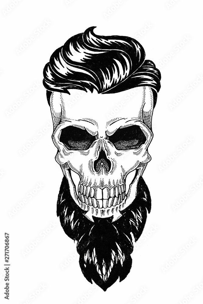 Monochrome illustration barbershop of skull with beard, mustache, hipster haircut and on white background, cartoon, angry, beautiful, brutal. Monochrome illustration barbershop of skull with beard, mustache, hipster haircut and on white background, cartoon, angry, beautiful, brutal.