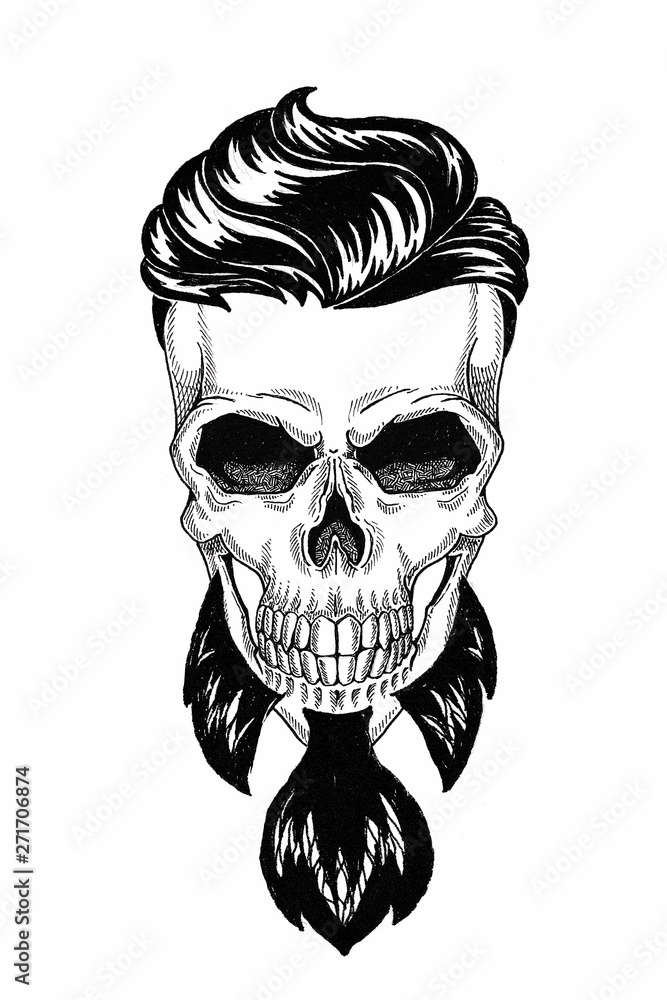 Fototapeta premium Monochrome illustration barbershop of skull with beard, mustache, hipster haircut and on white background, cartoon, angry, beautiful, brutal.