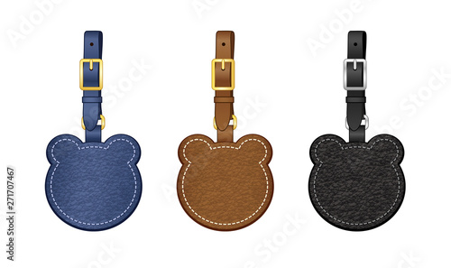 bear head shaped bag charms set, leather heart shaped tags with detachable strap, vector illustration sketch template