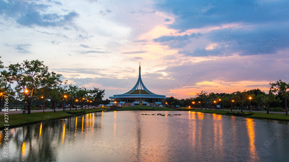 Sunset at Suan Luang Rama IX Park as the background