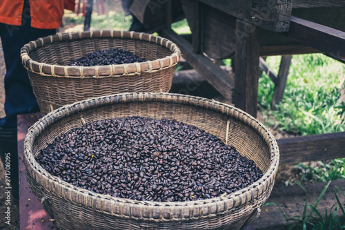 Coffee beans are in the basket.