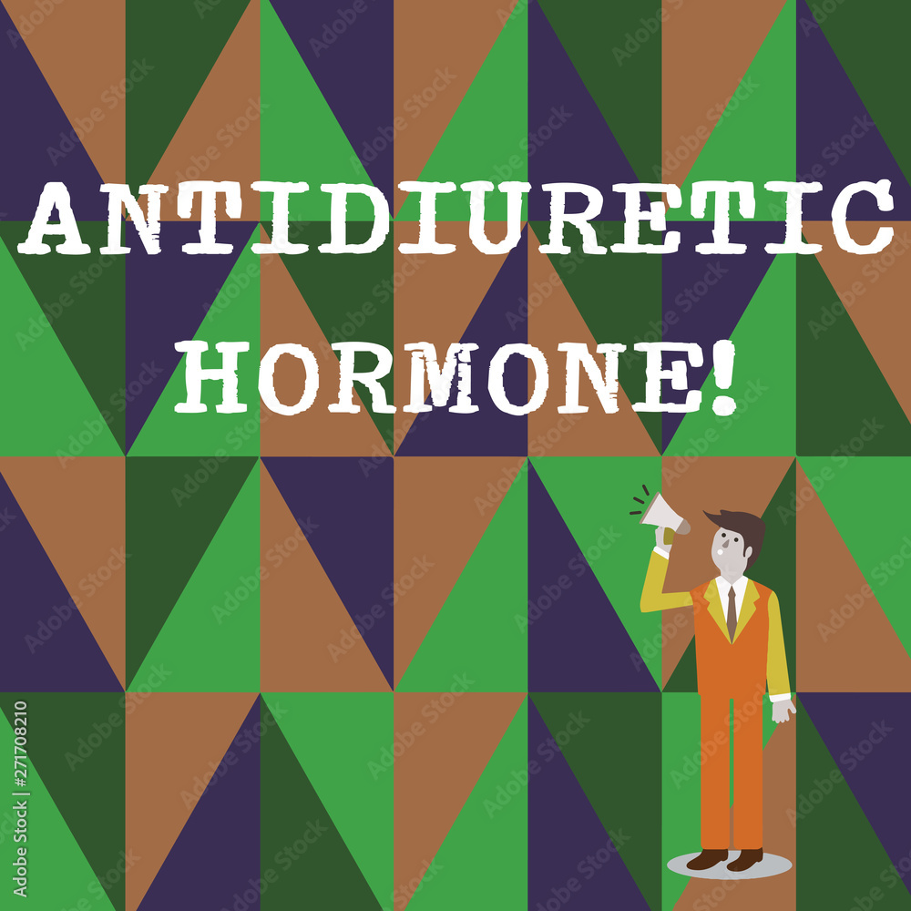Conceptual hand writing showing Antidiuretic Hormone. Concept meaning peptide molecule that is release by the pituitary gland Businessman Looking Up and Talking on Megaphone with Volume Icon Conceptual hand writing showing Antidiuretic Hormone. Concept meaning peptide molecule that is release by the pituitary gland Businessman Looking Up and Talking on Megaphone with Volume Icon