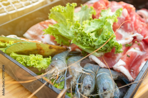 Close up of raw food raw materials, raw materials, pork and shrimp