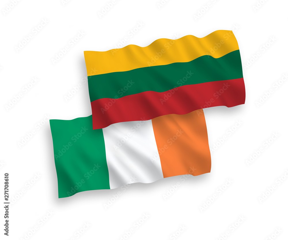 National vector fabric wave flags of Lithuania and Ireland isolated on white background. 1 to 2 proportion.