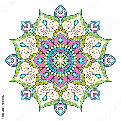 Decorative colorful ethnic mandala pattern. Design element for greeting card, banner or poster in oriental style. Hand drawn illustration