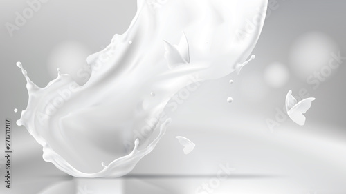 Milk pouring splash swirl shape and white liquid silhouettes of flying butterflies isolated on gray wavy background. Design element for advertising and packaging of natural dairy products or cosmetics