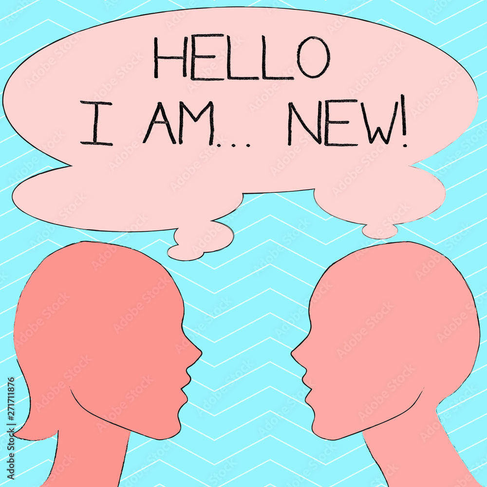 Writing note showing Hello I Am New. Business concept for used as greeting or to begin telephone conversation Silhouette Sideview Profile of Man and Woman Thought Bubble