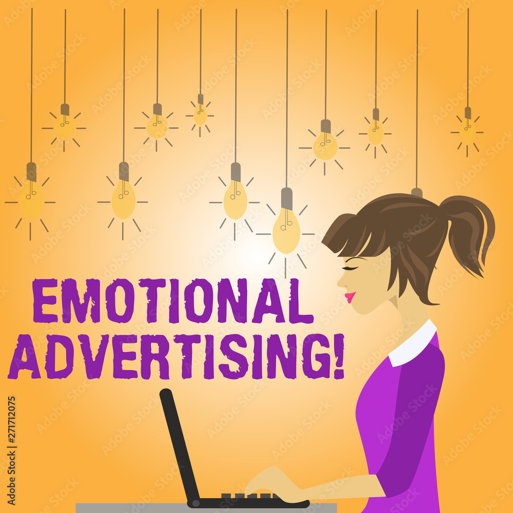 Writing note showing Emotional Advertising. Business concept for persuasion method used to create emotional feedback photo of Young Busy Woman Sitting Side View and Working on her Laptop Writing note showing Emotional Advertising. Business concept for persuasion method used to create emotional feedback photo of Young Busy Woman Sitting Side View and Working on her Laptop