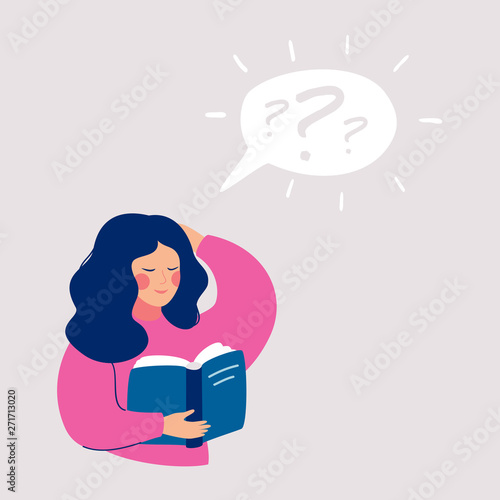 Young girl thinking about that she reading in the book and has a questions. Speech bubble above with question mark. Human character vector illustration.