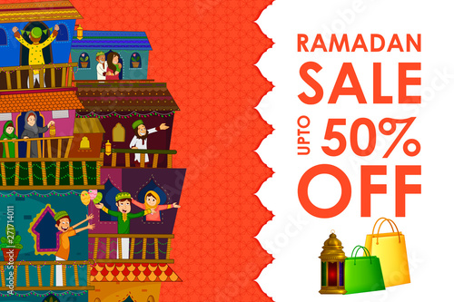 Muslim families wishing Eid Mubarak,Happy Eid on Ramadan festival shopping sale in vector © stockillustrator