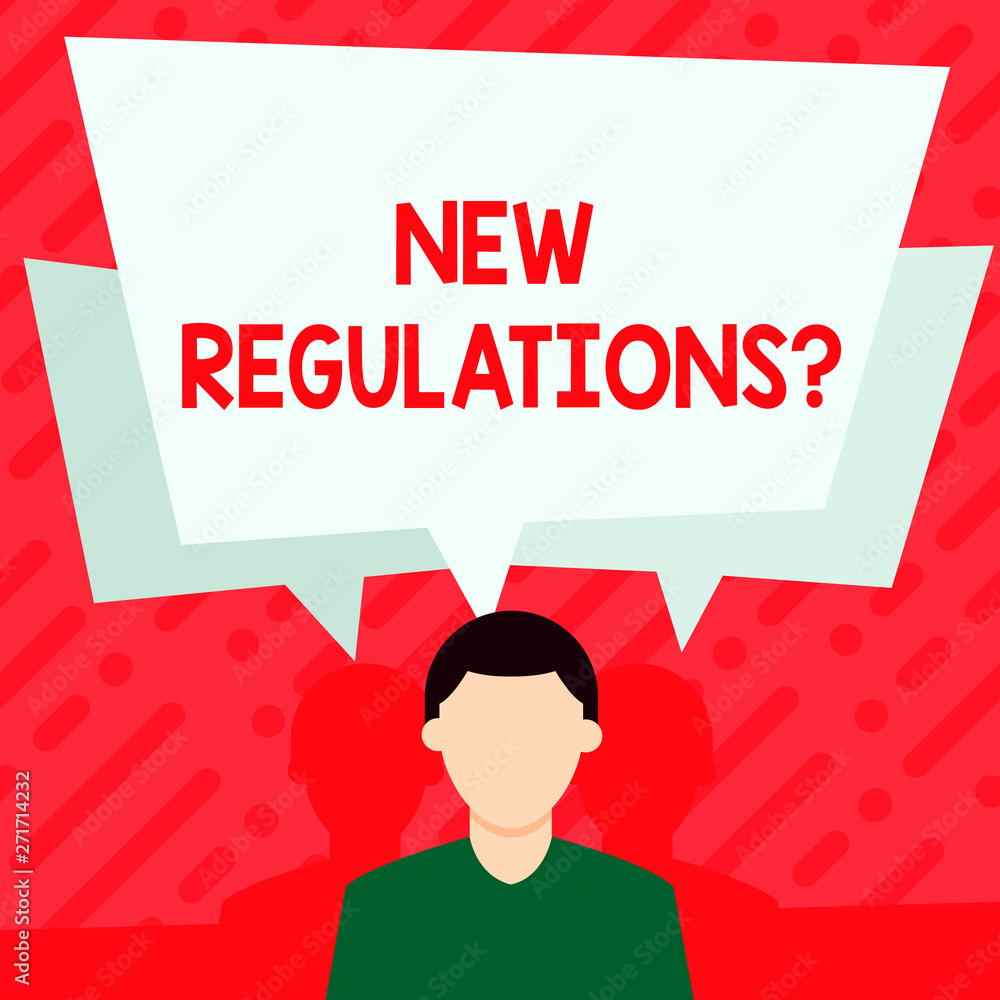 Word writing text New Regulations question. Business photo showcasing rules made government order to control way something is done Faceless Man has Two Shadows Each has Their Own Speech Bubble Word writing text New Regulations question. Business photo showcasing rules made government order to control way something is done Faceless Man has Two Shadows Each has Their Own Speech Bubble