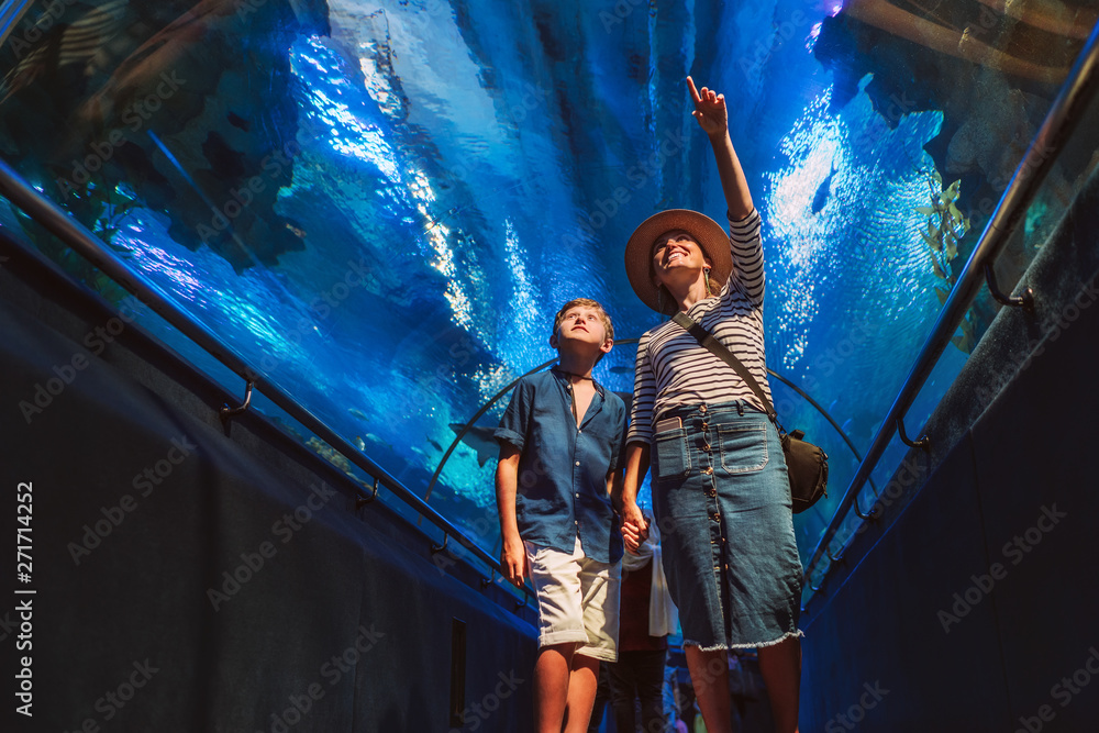 Mother and son walking in indoor huge aquarium tunnel, enjoying a underwater sea inhabitants, showing an interesting to each other.