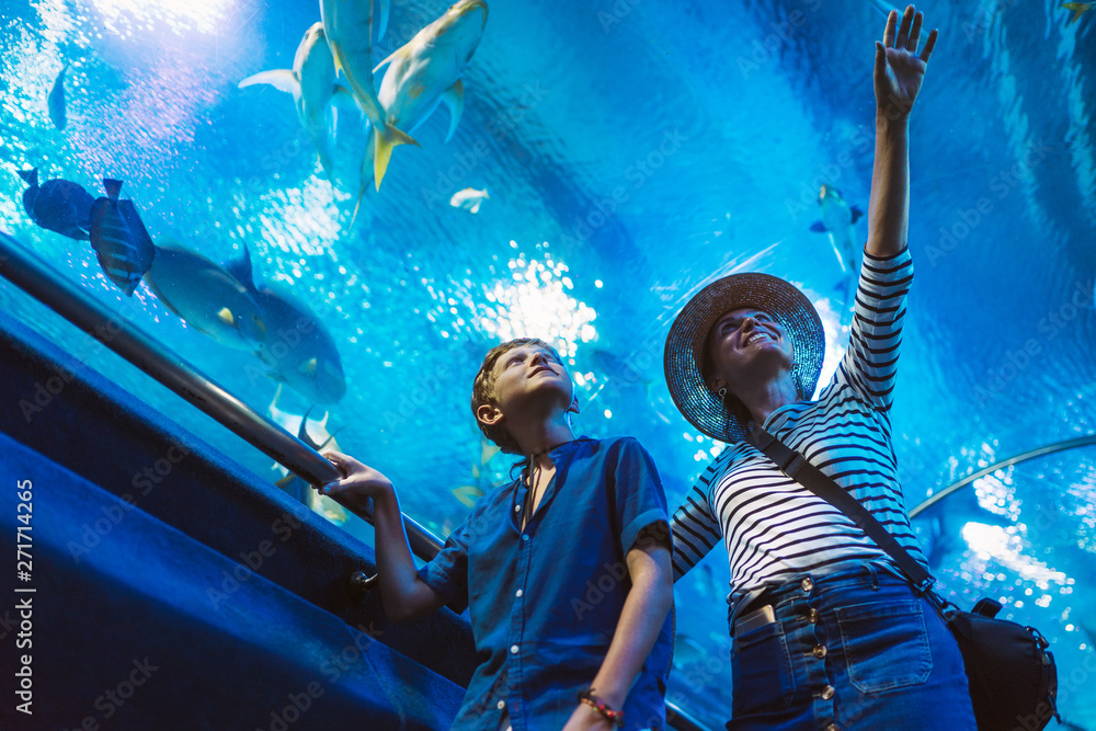 Φωτογραφία Mother and son walking in indoor huge aquarium tunnel, enjoying a underwater sea inhabitants, showing an interesting to each other