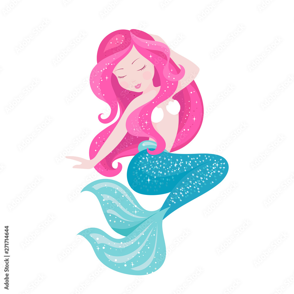Beautiful mermaid with bright hair for t shirts and fabrics or kids fashion artworks, children books. Fashion illustration drawing in modern style.