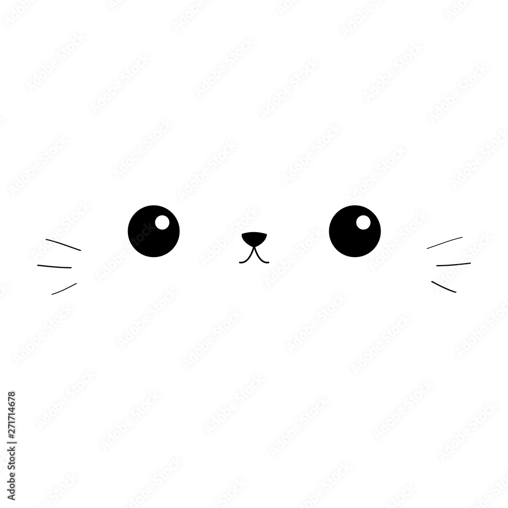 Cat eyes, nose, moustaches. Cute cartoon kitty character. Head face  silhouette square icon. Contour line. Kawaii animal. Funny baby kitten.  Love card. Flat design. White background Stock Vector | Adobe Stock