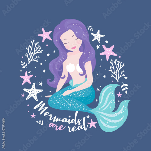 Beautiful mermaid on blue background for kids fashion artworks, children books. Fashion illustration drawing in modern style. Cute Mermaid. Girl print