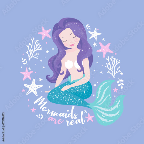 Beautiful mermaid on purple background for kids fashion artworks, children books. Fashion illustration drawing in modern style. Cute Mermaid. Girl print