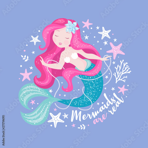 Beautiful mermaid with pearls on lilac background for t shirts or kids fashion artworks, children books. Fashion illustration drawing in modern style. Cute Mermaid. Girl print.