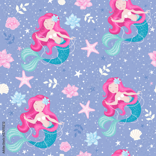 Lilac mermaid pattern for kids artwork, children books, prints and fabrics or wallpapers. Girl print. Design for kids.