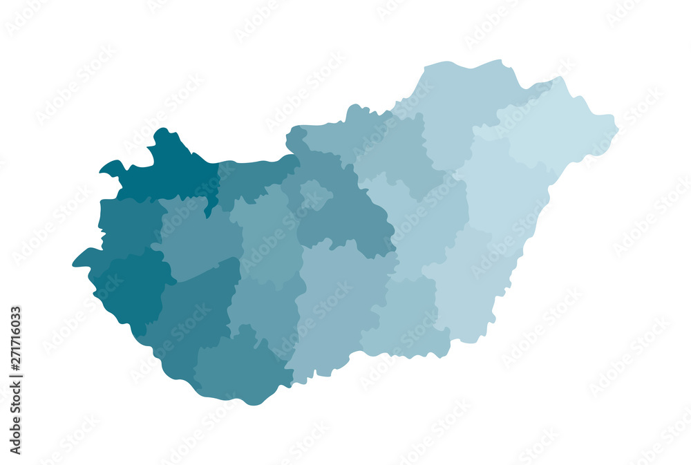 Vector isolated illustration of simplified administrative map of Hungary. Borders of the regions. Colorful blue khaki silhouettes