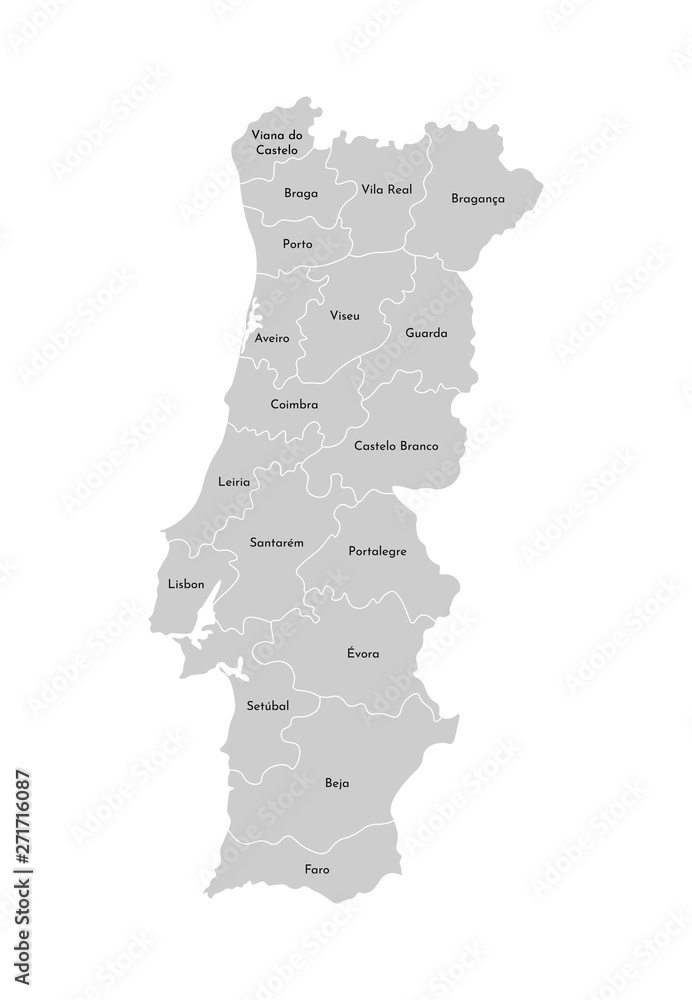 Portugal Map Administrative Divisions Isolated on White Stock