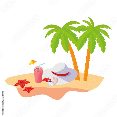 summer beach scene with tree palms and female hat