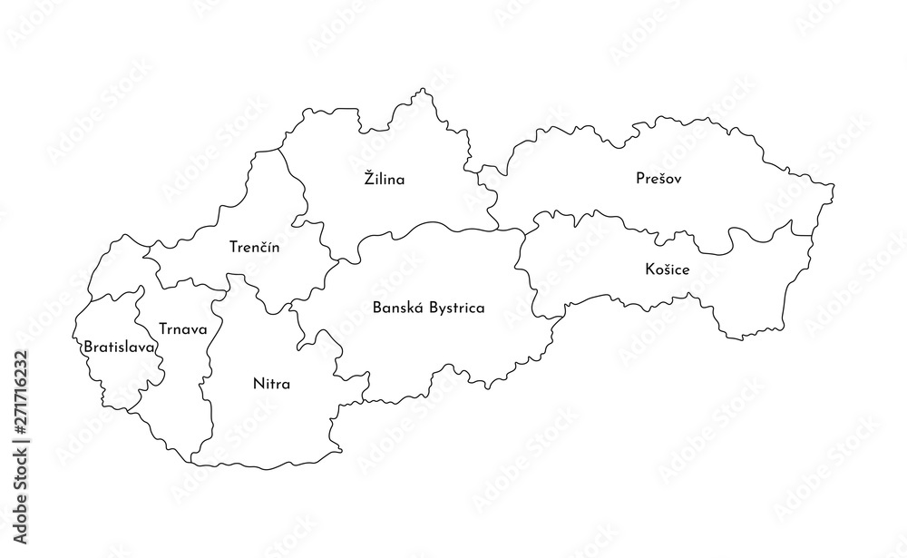 Vector isolated illustration of simplified administrative map of Slovakia. Borders and names of the regions. Black line silhouettes