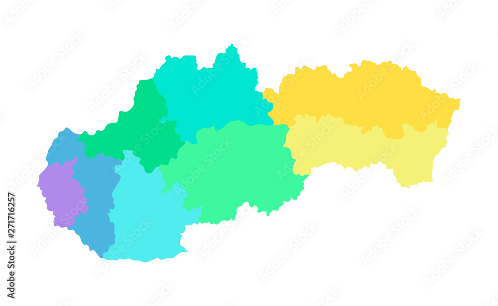 Vector isolated illustration of simplified administrative map of Slovakia. Borders of the regions. Multi colored silhouettes Vector isolated illustration of simplified administrative map of Slovakia. Borders of the regions. Multi colored silhouettes
