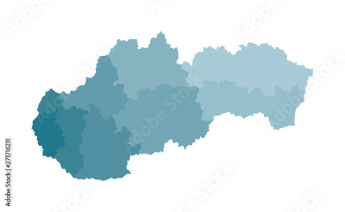 Vector isolated illustration of simplified administrative map of Slovakia. Borders of the regions. Colorful blue khaki silhouettes