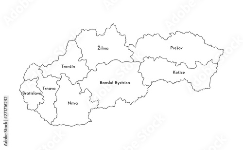 Vector isolated illustration of simplified administrative map of Slovakia. Borders and names of the regions. Black line silhouettes