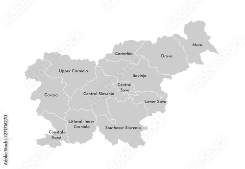 Vector isolated illustration of simplified administrative map of Slovenia. Borders and names of the provinces  regions . Grey silhouettes. White outline