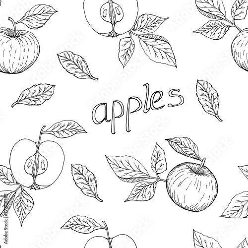 Seamless pattern of hand drawn apples with leaves and lettering vector illustration