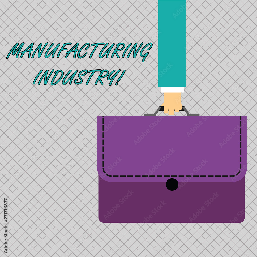 Conceptual hand writing showing Manufacturing Industry. Concept meaning Engage in the transformation of goods and products Businessman Carrying Colorful Briefcase Portfolio Applique Conceptual hand writing showing Manufacturing Industry. Concept meaning Engage in the transformation of goods and products Businessman Carrying Colorful Briefcase Portfolio Applique