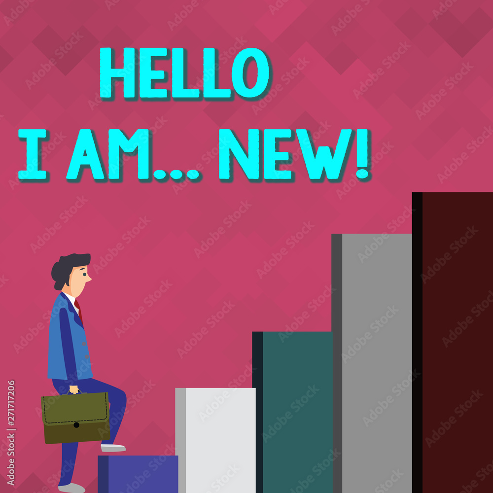 Handwriting text writing Hello I Am New. Conceptual photo used as greeting or to begin telephone conversation Businessman Carrying a Briefcase is in Pensive Expression while Climbing Up Handwriting text writing Hello I Am New. Conceptual photo used as greeting or to begin telephone conversation Businessman Carrying a Briefcase is in Pensive Expression while Climbing Up