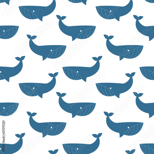 Seamless pattern with blue whales. Bright cartoon print. Art can be used for International Day of the Whales.