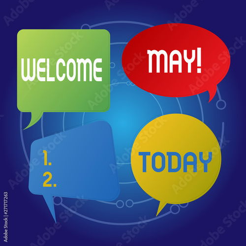 Text sign showing Welcome May. Business photo showcasing welcoming fifth month of year usually considered summer Blank Speech Bubble Sticker in Different Shapes and Color for Multiple Chat