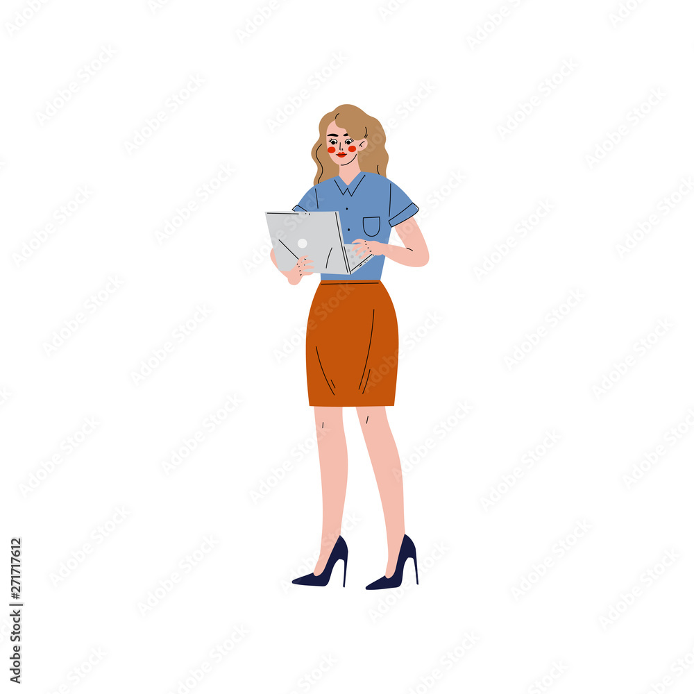 Business Woman Working with Laptop, Office Employee, Entrepreneur or Manager Character Vector Illustration Business Woman Working with Laptop, Office Employee, Entrepreneur or Manager Character Vector Illustration