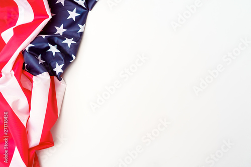 USA flag located on side on blank white background, lettering space,