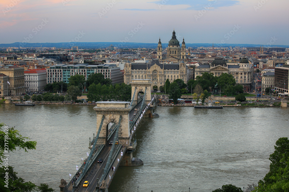 Beautiful top view of the sights of Budapest in Hungary, Chain Bridge and St. Stephen's Basilica