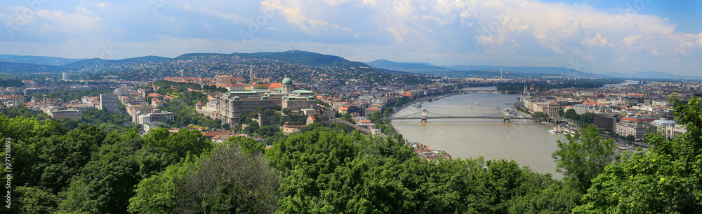 Panoramic top view of the sights of Budapest on a sunny summer day, Hungary