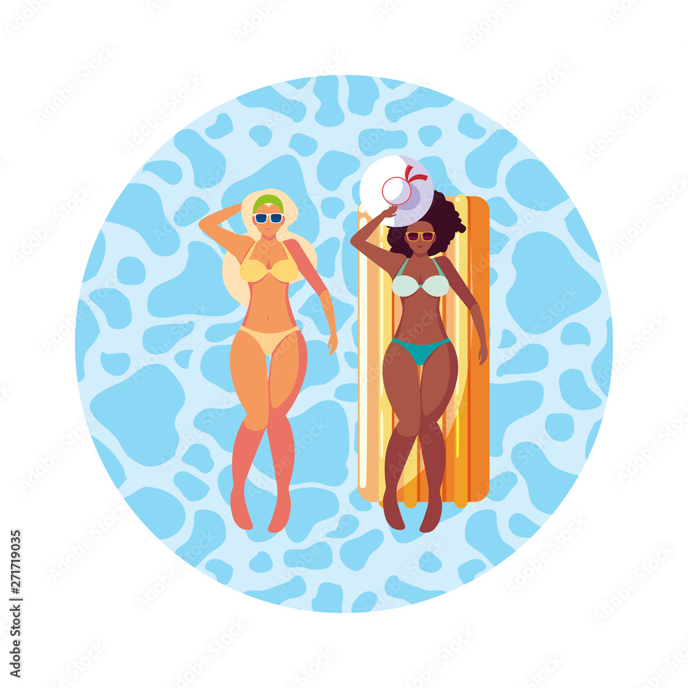 beautiful interracial girls with float mattress in water