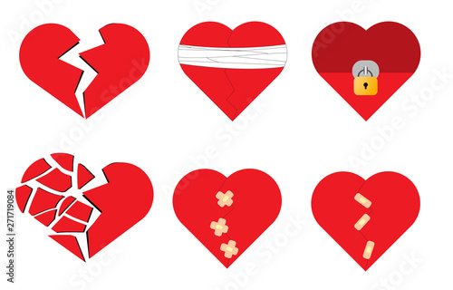 Collection of broken hearts with wound isolated on white background . Concept heartbreak photo
